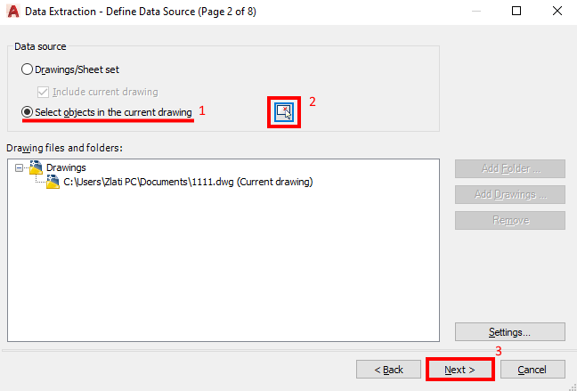 select objects for data extraction