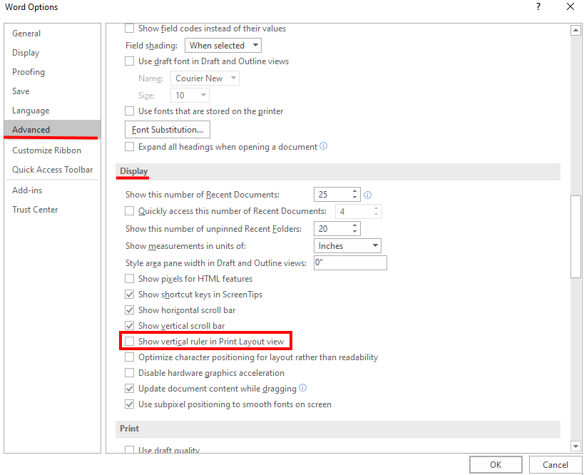 Show missing vertical ruler in Microsoft Word