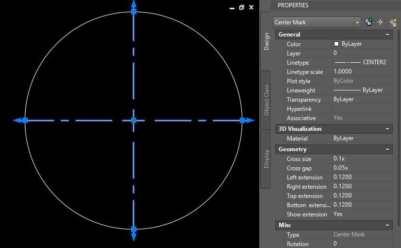 Center mark properties in AutoCAD