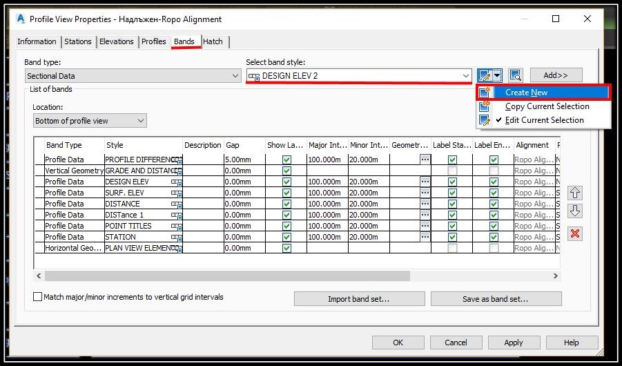 Creating new profile band for section data