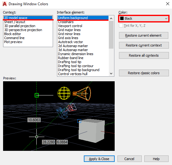 how to change background color in autocad