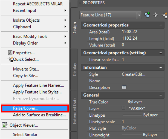 raise or lower feature lines civil 3d