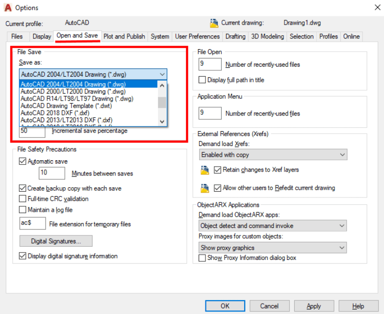 change default file format autocad