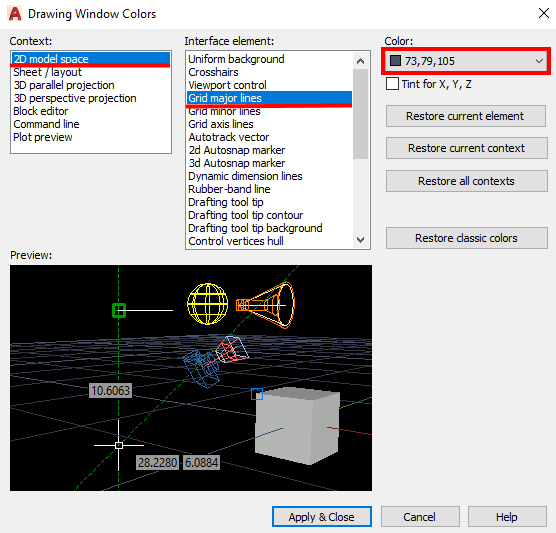 how to change grid colors in autocad